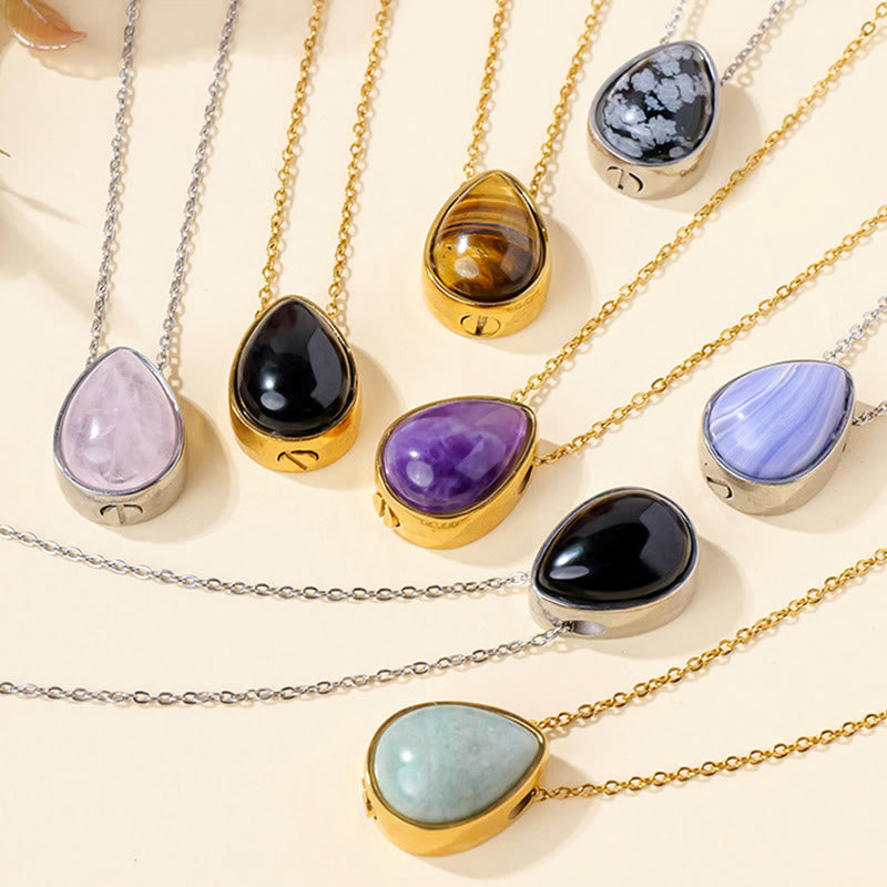 Nimara Ritual Natural Blue Lace Agate Rose Quartz Black Onyx Teardrop Design Balance Necklace Pendant