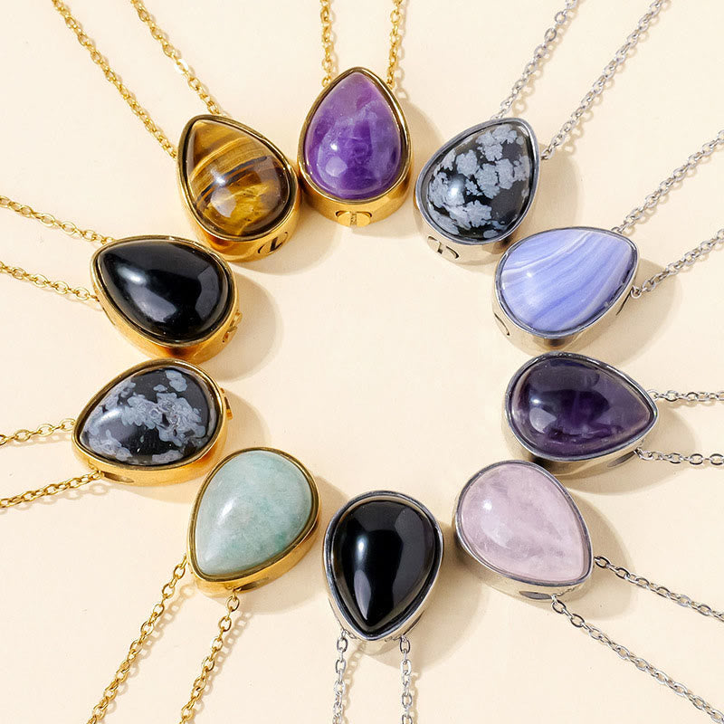 Nimara Ritual Natural Blue Lace Agate Rose Quartz Black Onyx Teardrop Design Balance Necklace Pendant