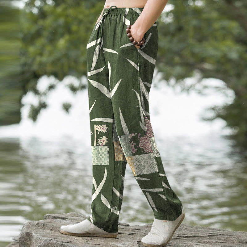Nimara Ritual Cotton Bamboo Leaf Patchwork Pattern Men's Tapered Pants With Pockets