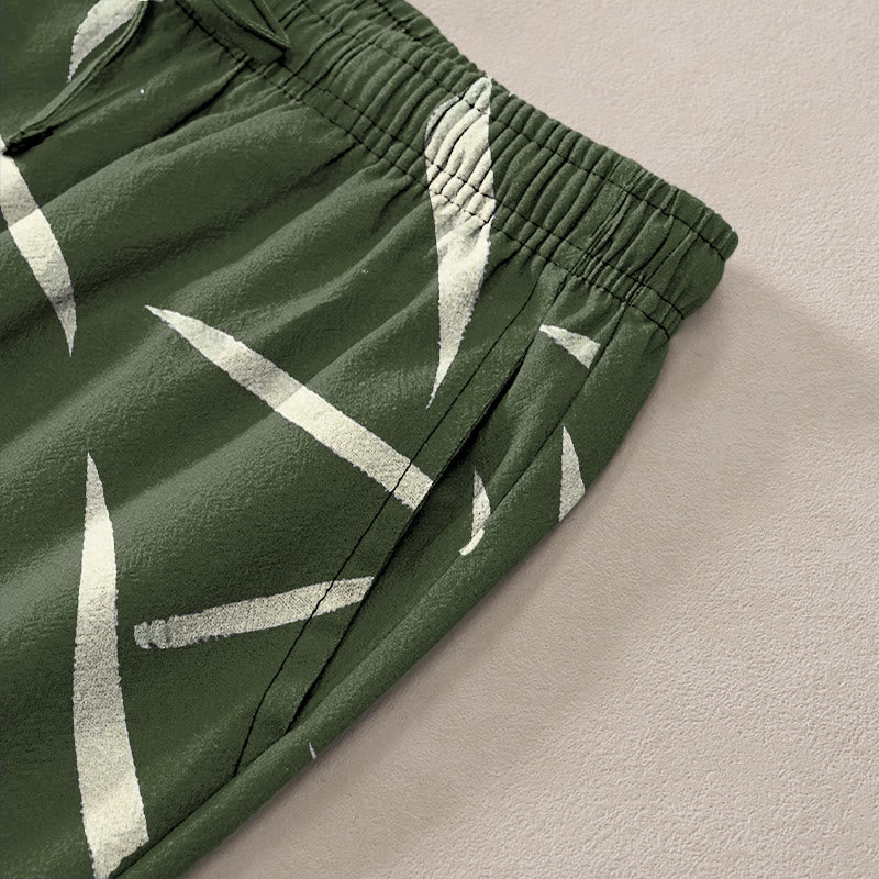 Nimara Ritual Cotton Bamboo Leaf Patchwork Pattern Men's Tapered Pants With Pockets