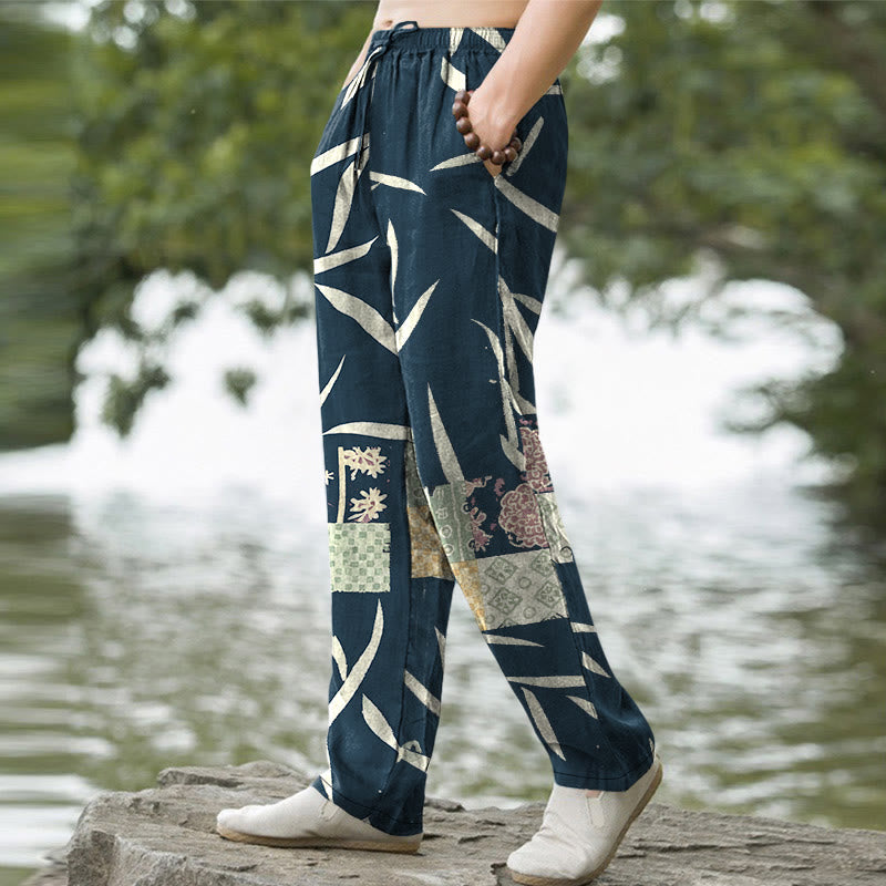 Nimara Ritual Cotton Bamboo Leaf Patchwork Pattern Men's Tapered Pants With Pockets