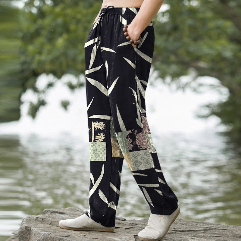 Nimara Ritual Cotton Bamboo Leaf Patchwork Pattern Men's Tapered Pants With Pockets