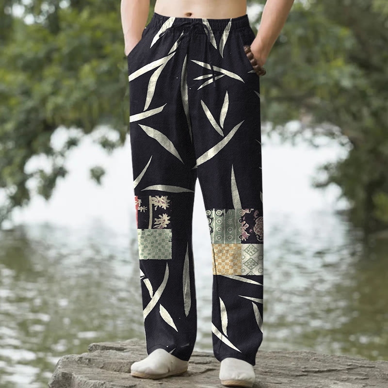 Nimara Ritual Cotton Bamboo Leaf Patchwork Pattern Men's Tapered Pants With Pockets
