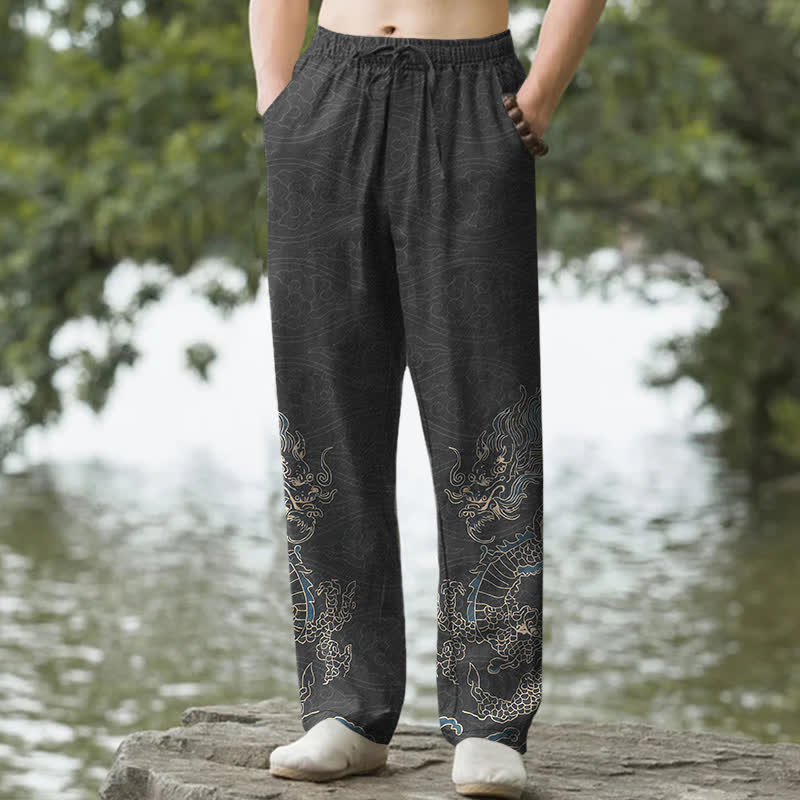 Nimara Ritual Cotton Golden Dragon Clouds Pattern Men's Tapered Pants With Pockets