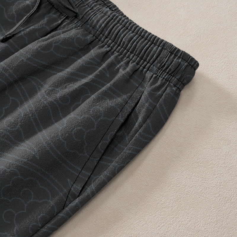 Nimara Ritual Cotton Golden Dragon Clouds Pattern Men's Tapered Pants With Pockets