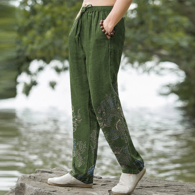 Nimara Ritual Cotton Golden Dragon Clouds Pattern Men's Tapered Pants With Pockets