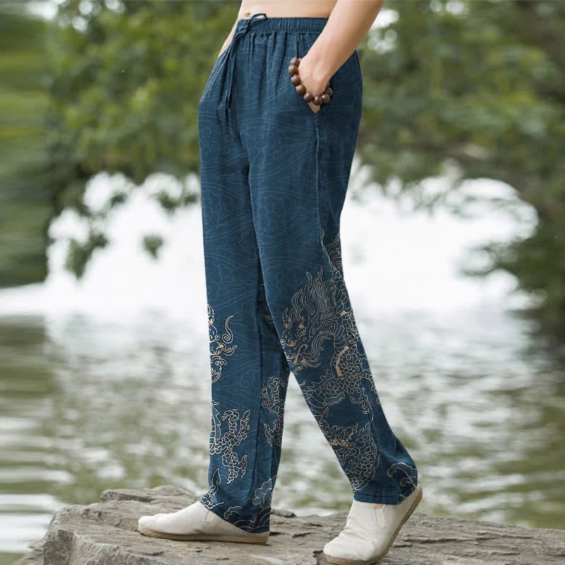 Nimara Ritual Cotton Golden Dragon Clouds Pattern Men's Tapered Pants With Pockets