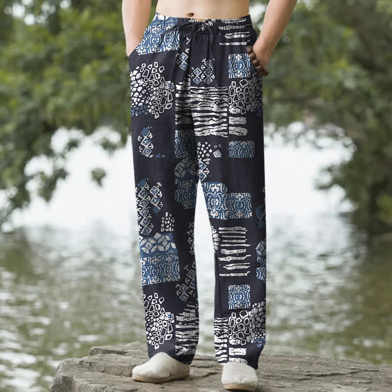 Nimara Ritual Cotton Geometric Patchwork Pattern Men's Tapered Pants With Pockets