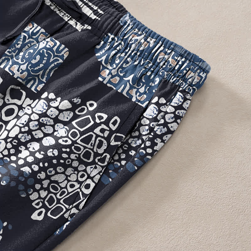 Nimara Ritual Cotton Geometric Patchwork Pattern Men's Tapered Pants With Pockets