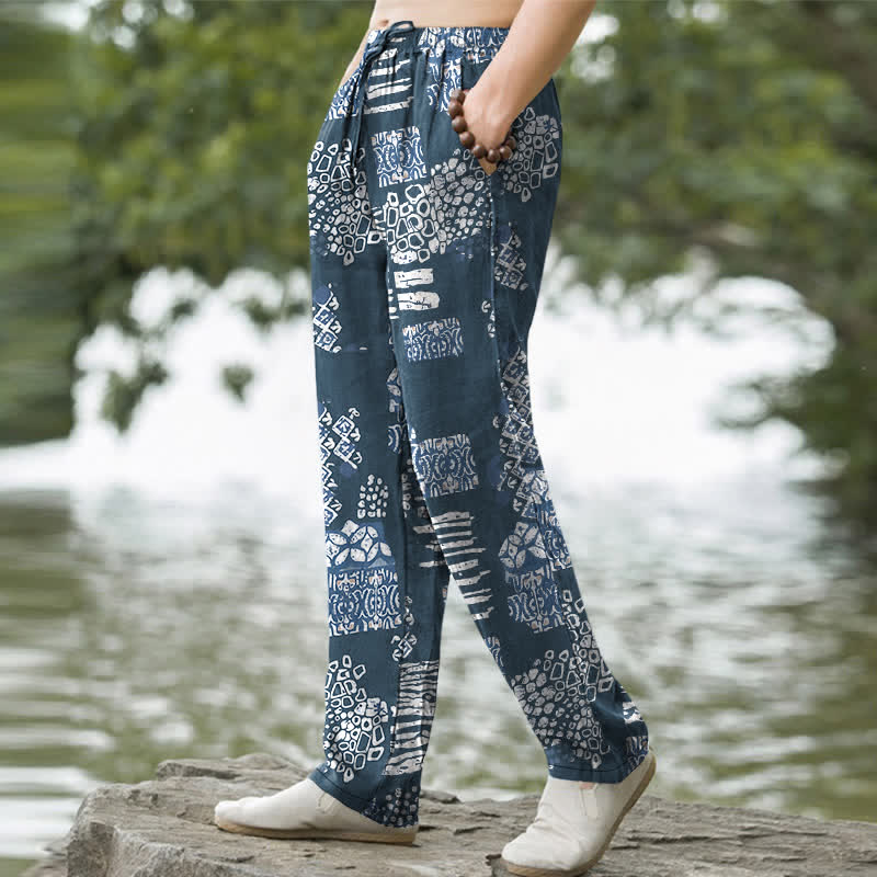 Nimara Ritual Cotton Geometric Patchwork Pattern Men's Tapered Pants With Pockets