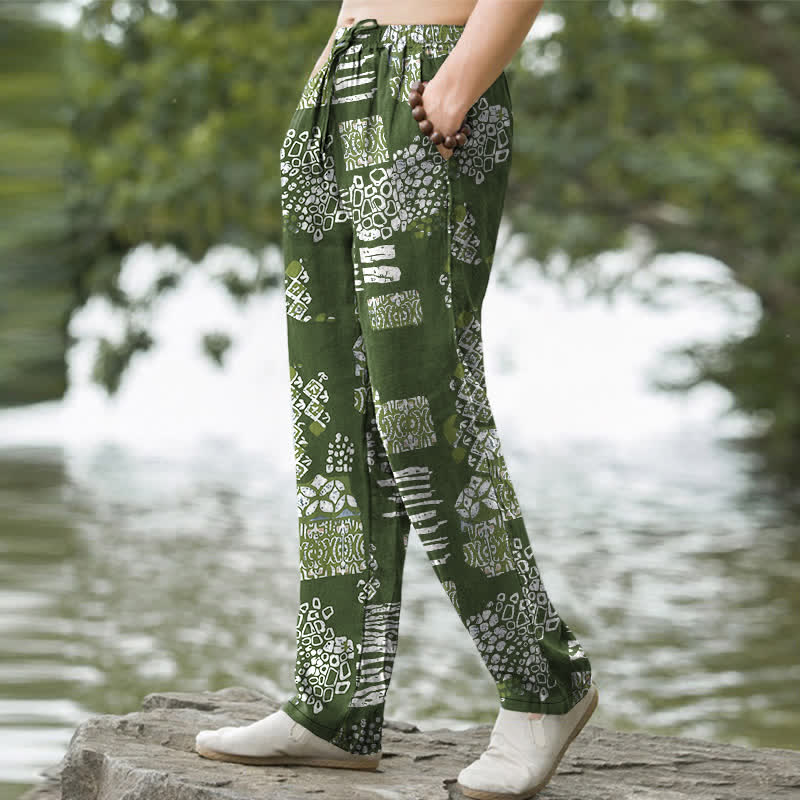 Nimara Ritual Cotton Geometric Patchwork Pattern Men's Tapered Pants With Pockets