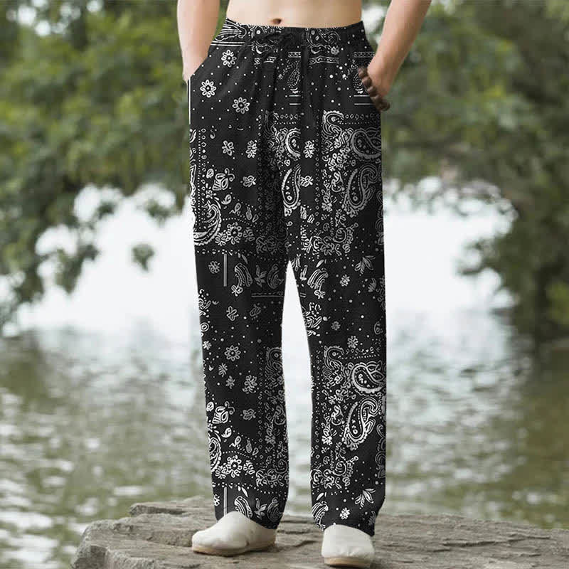 Nimara Ritual Cotton Cashew Flowers Paisley Pattern Men's Tapered Pants With Pockets