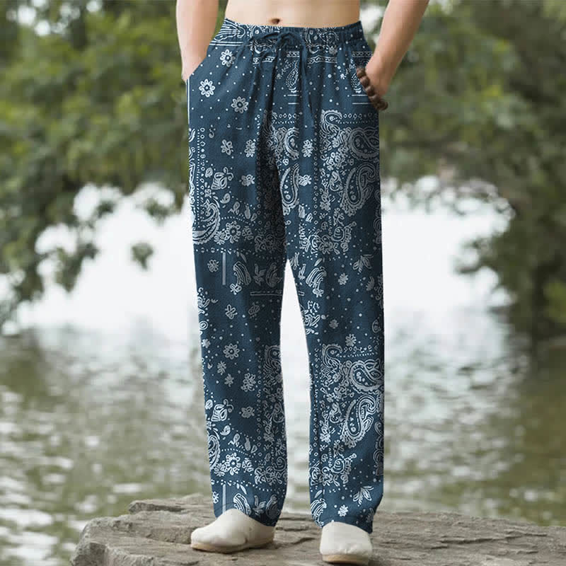 Nimara Ritual Cotton Cashew Flowers Paisley Pattern Men's Tapered Pants With Pockets