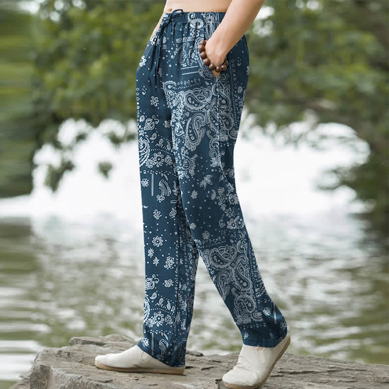 Nimara Ritual Cotton Cashew Flowers Paisley Pattern Men's Tapered Pants With Pockets