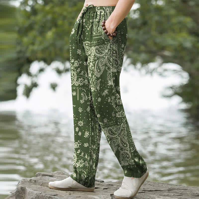 Nimara Ritual Cotton Cashew Flowers Paisley Pattern Men's Tapered Pants With Pockets