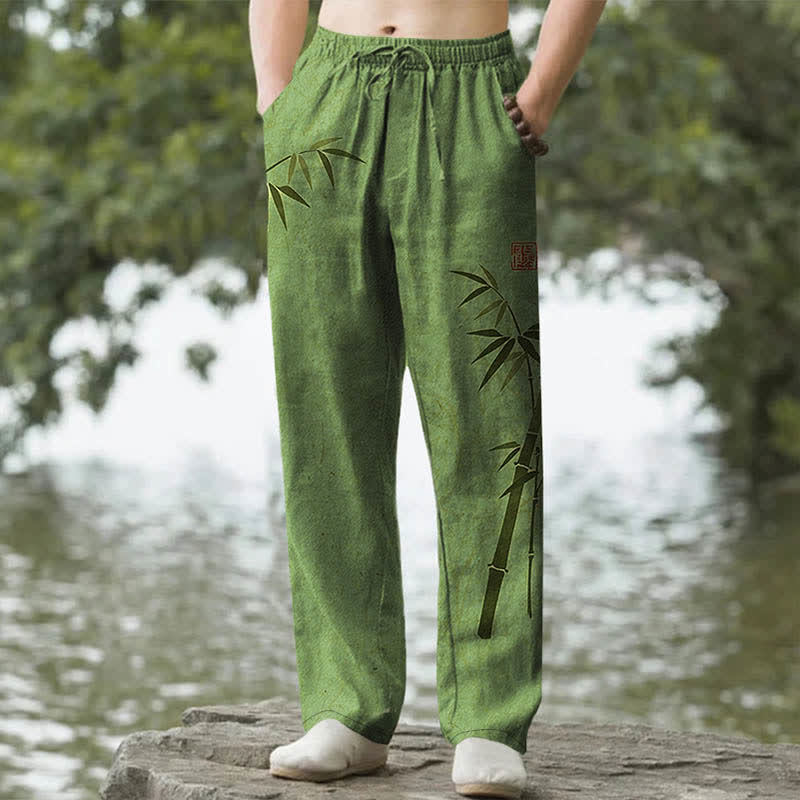 Nimara Ritual Cotton Bamboo Leaves Ink Pattern Men's Tapered Pants With Pockets