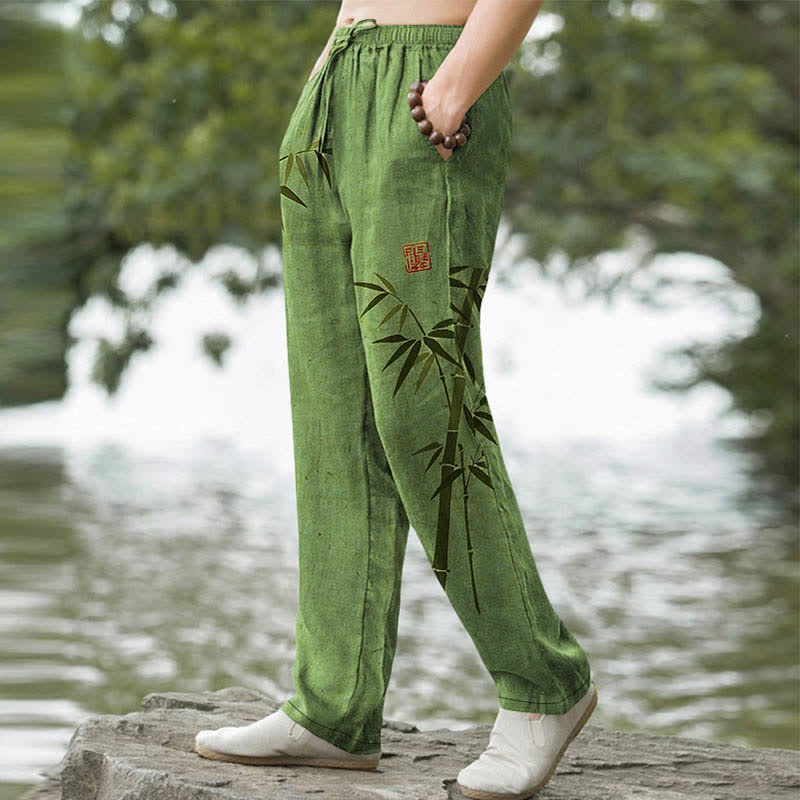 Nimara Ritual Cotton Bamboo Leaves Ink Pattern Men's Tapered Pants With Pockets