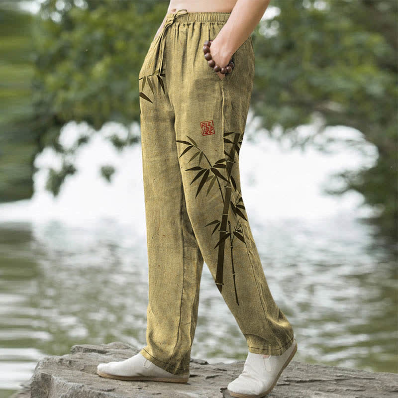 Nimara Ritual Cotton Bamboo Leaves Ink Pattern Men's Tapered Pants With Pockets