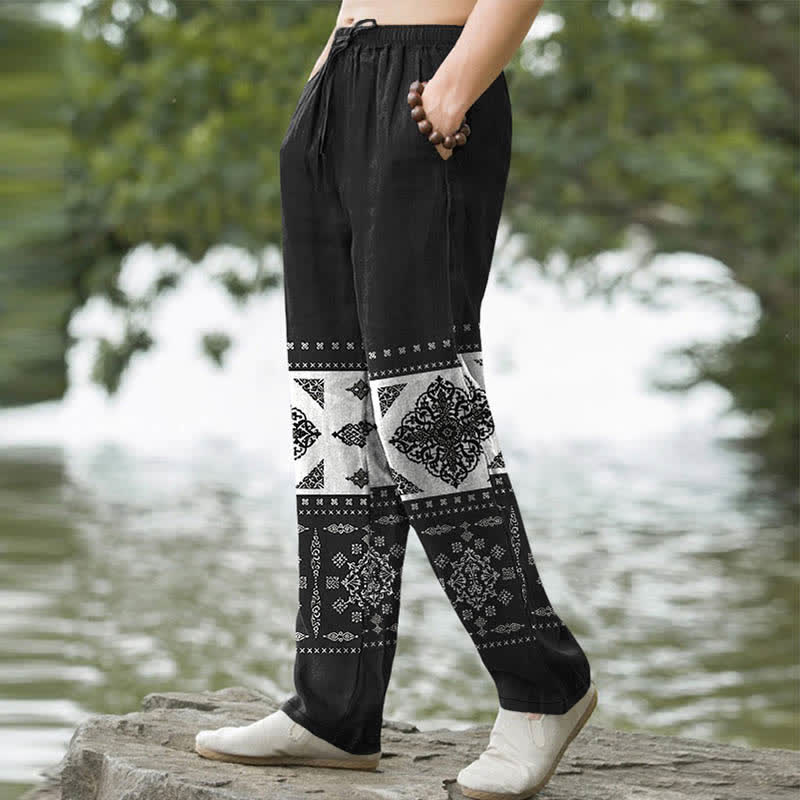 Nimara Ritual Cotton Bandana Mosaic Pattern Men's Tapered Pants With Pockets