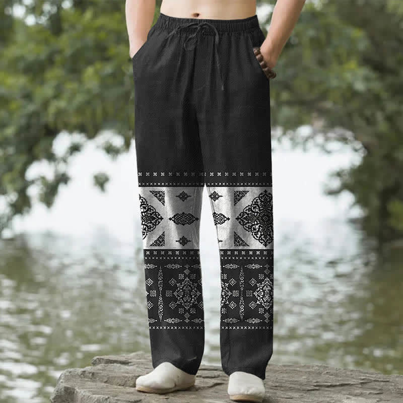 Nimara Ritual Cotton Bandana Mosaic Pattern Men's Tapered Pants With Pockets