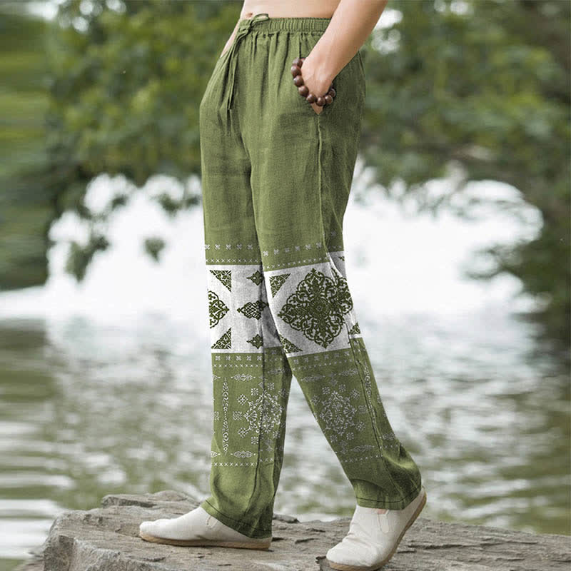 Nimara Ritual Cotton Bandana Mosaic Pattern Men's Tapered Pants With Pockets