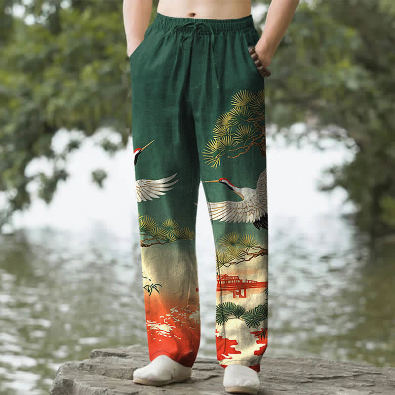 Nimara Ritual Cotton Crane Pine Temple Landscape Pattern Men's Tapered Pants With Pockets