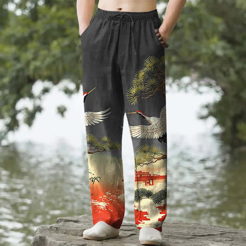 Nimara Ritual Cotton Crane Pine Temple Landscape Pattern Men's Tapered Pants With Pockets