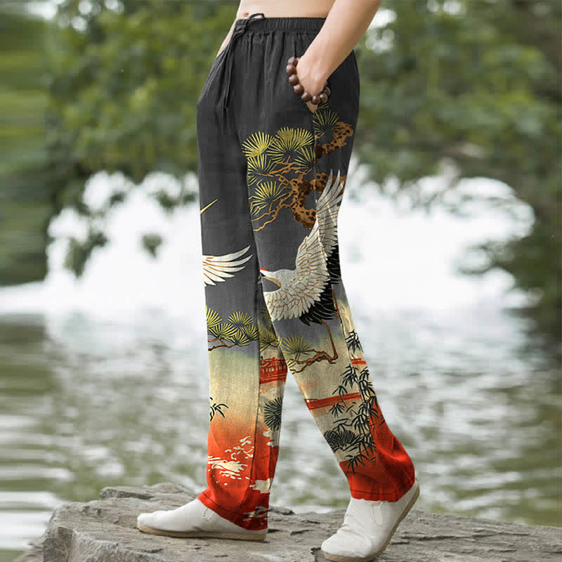 Nimara Ritual Cotton Crane Pine Temple Landscape Pattern Men's Tapered Pants With Pockets