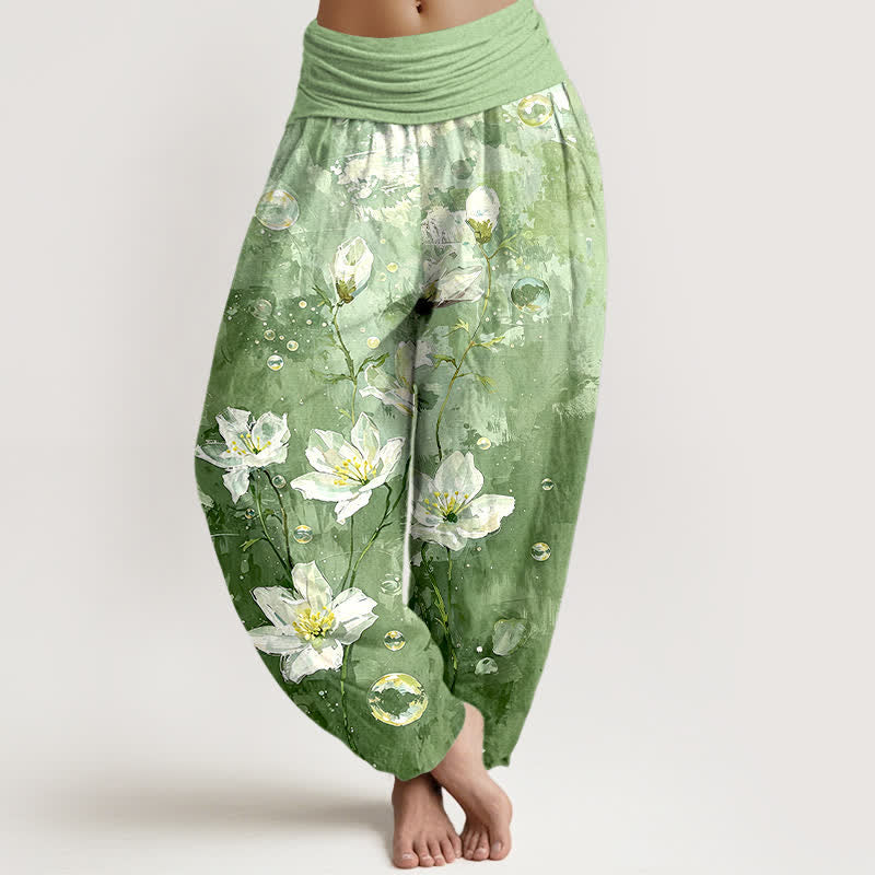 Nimara Ritual Pure Cotton Watercolor White Lotus Pattern Women's Elastic Waist Harem Pants