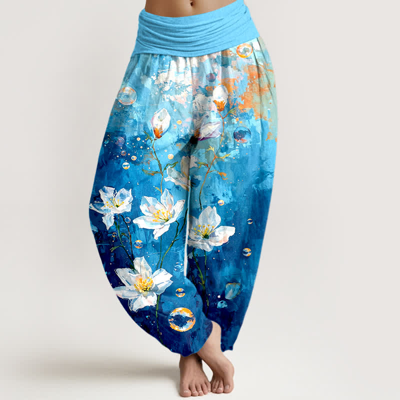 Nimara Ritual Pure Cotton Watercolor White Lotus Pattern Women's Elastic Waist Harem Pants