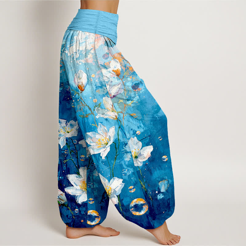 Nimara Ritual Pure Cotton Watercolor White Lotus Pattern Women's Elastic Waist Harem Pants