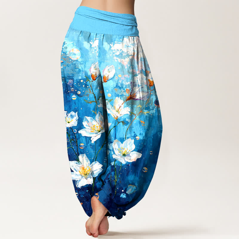 Nimara Ritual Pure Cotton Watercolor White Lotus Pattern Women's Elastic Waist Harem Pants