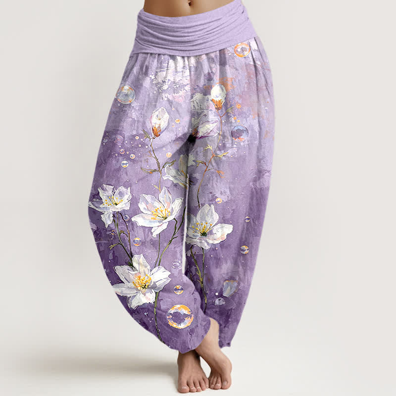 Nimara Ritual Pure Cotton Watercolor White Lotus Pattern Women's Elastic Waist Harem Pants