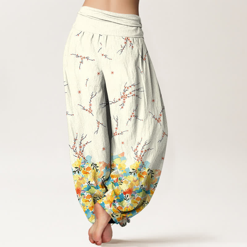 Nimara Ritual Cotton Boho Ditsy Branch Floral Pattern Women's Elastic Waist Harem Pants