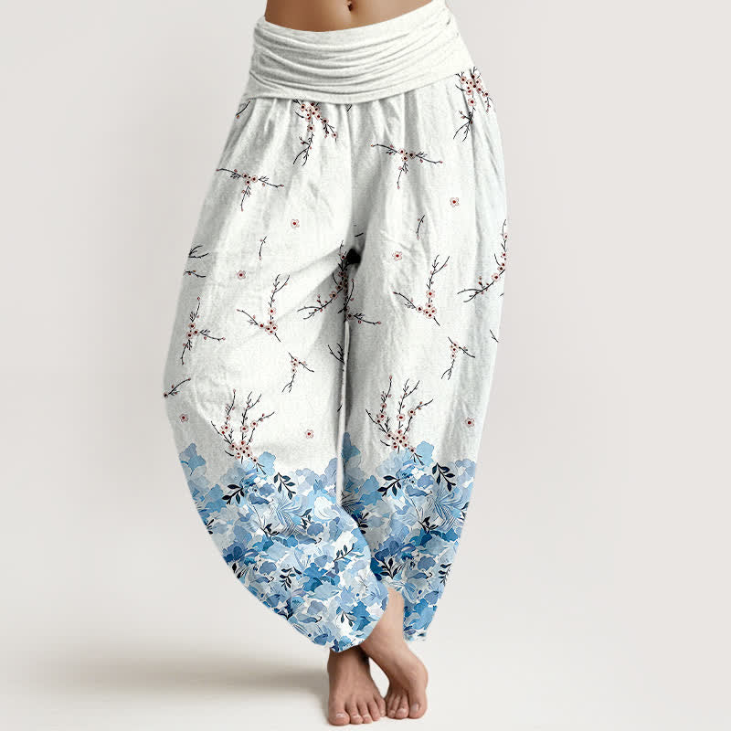 Nimara Ritual Cotton Boho Ditsy Branch Floral Pattern Women's Elastic Waist Harem Pants