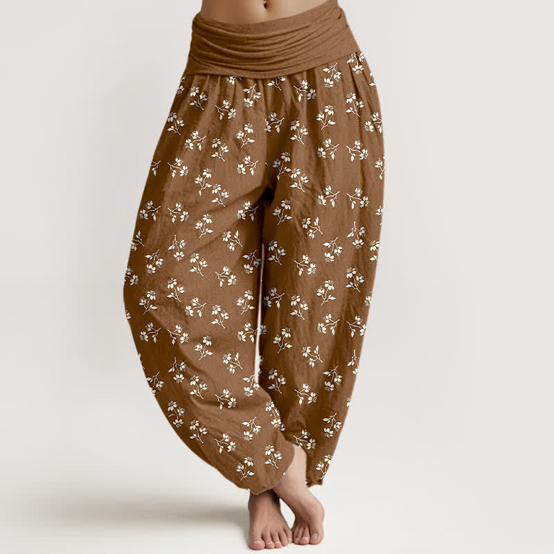 Nimara Ritual Cotton Ditsy White Floral Pattern Women's Elastic Waist Harem Pants
