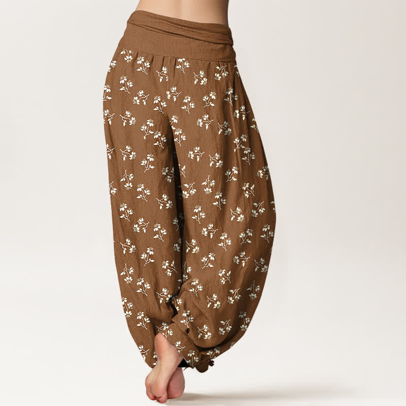 Nimara Ritual Cotton Ditsy White Floral Pattern Women's Elastic Waist Harem Pants