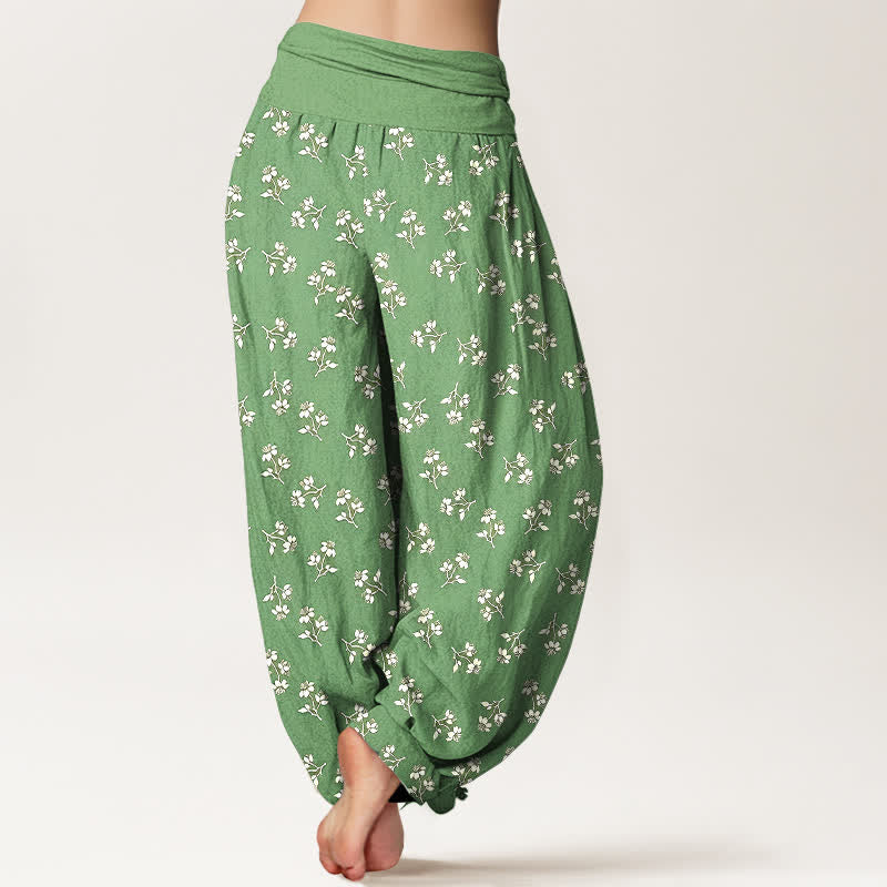 Nimara Ritual Cotton Ditsy White Floral Pattern Women's Elastic Waist Harem Pants