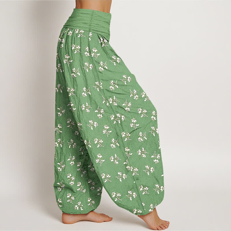 Nimara Ritual Cotton Ditsy White Floral Pattern Women's Elastic Waist Harem Pants