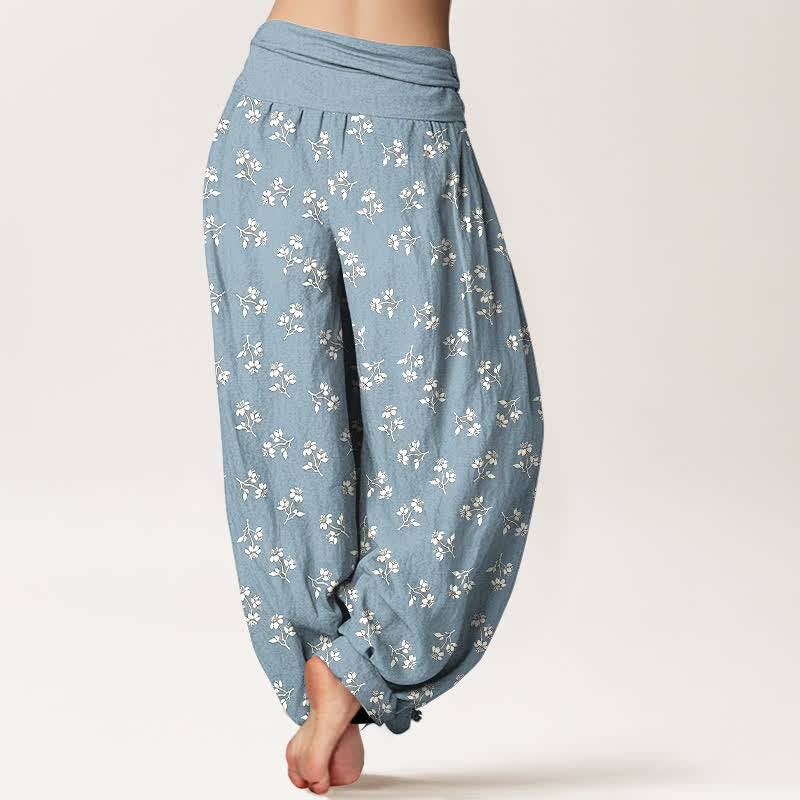 Nimara Ritual Cotton Ditsy White Floral Pattern Women's Elastic Waist Harem Pants