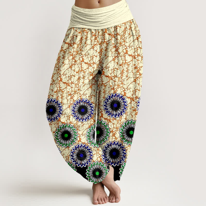 Nimara Ritual Pure Cotton Sunburst Floral Pattern Women's Elastic Waist Harem Pants