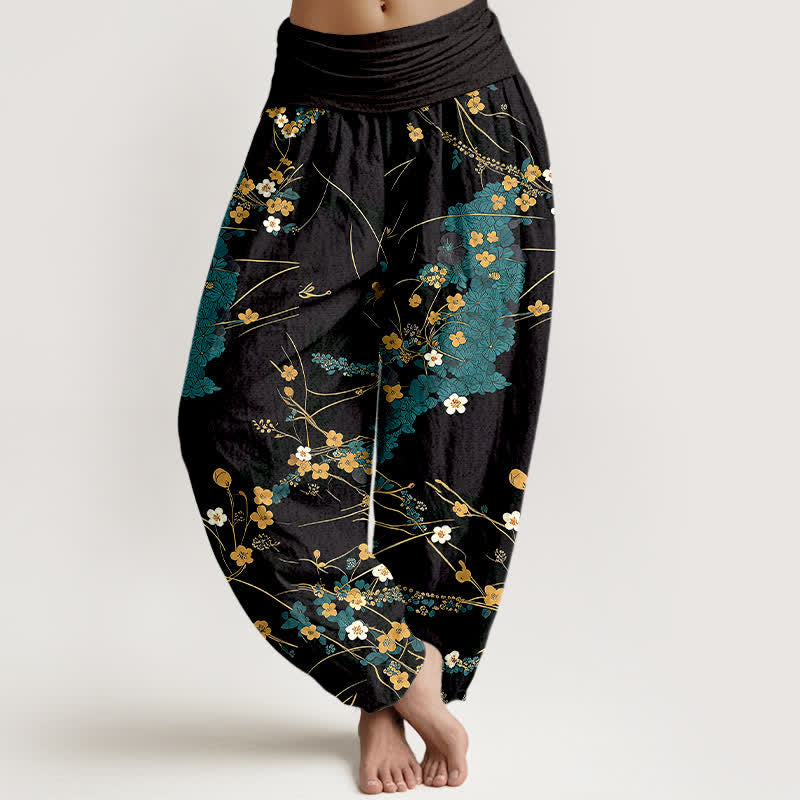 Nimara Ritual Pure Cotton Floral Leaf Pattern Women's Elastic Waist Harem Pants