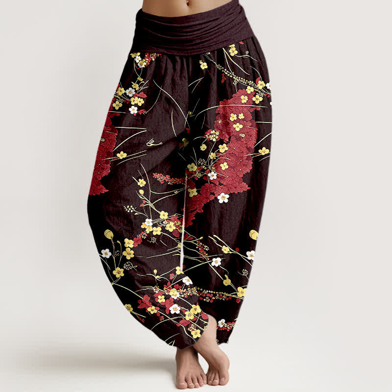 Nimara Ritual Pure Cotton Floral Leaf Pattern Women's Elastic Waist Harem Pants