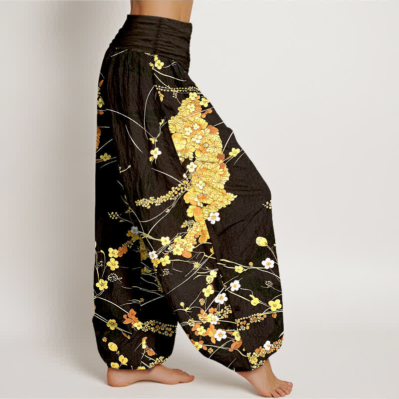 Nimara Ritual Pure Cotton Floral Leaf Pattern Women's Elastic Waist Harem Pants