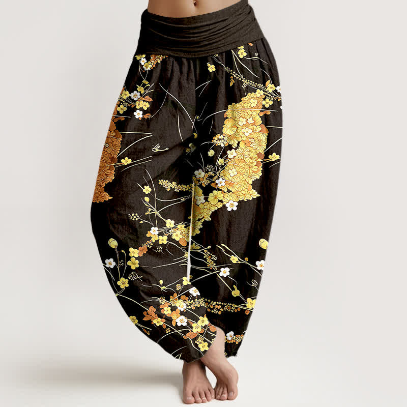 Nimara Ritual Pure Cotton Floral Leaf Pattern Women's Elastic Waist Harem Pants