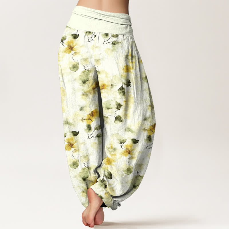 Nimara Ritual Cotton Watercolor Floral Leaf Pattern Women's Elastic Waist Harem Pants