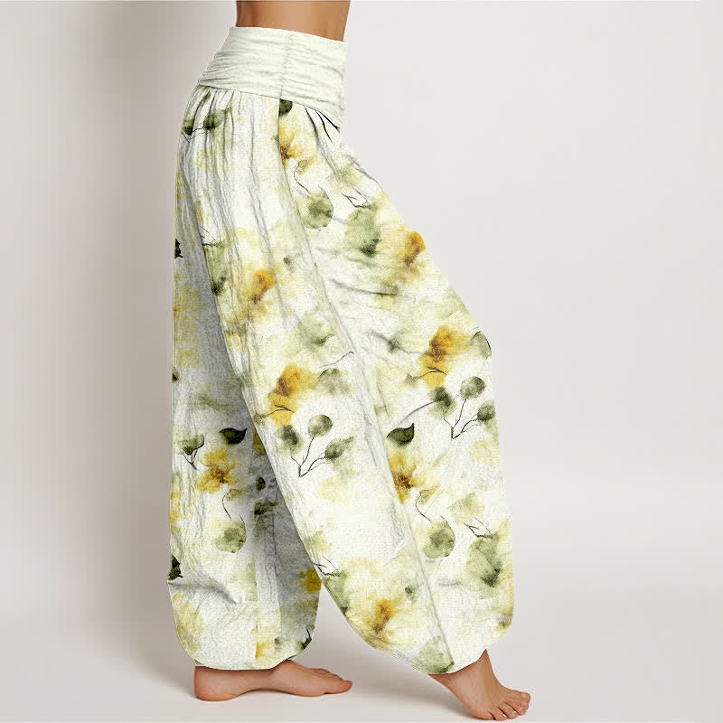 Nimara Ritual Cotton Watercolor Floral Leaf Pattern Women's Elastic Waist Harem Pants