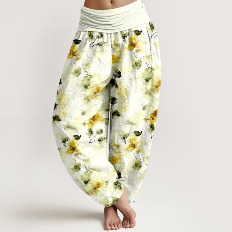Nimara Ritual Cotton Watercolor Floral Leaf Pattern Women's Elastic Waist Harem Pants