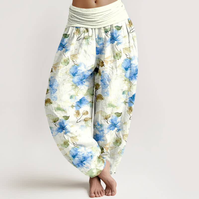 Nimara Ritual Cotton Watercolor Floral Leaf Pattern Women's Elastic Waist Harem Pants