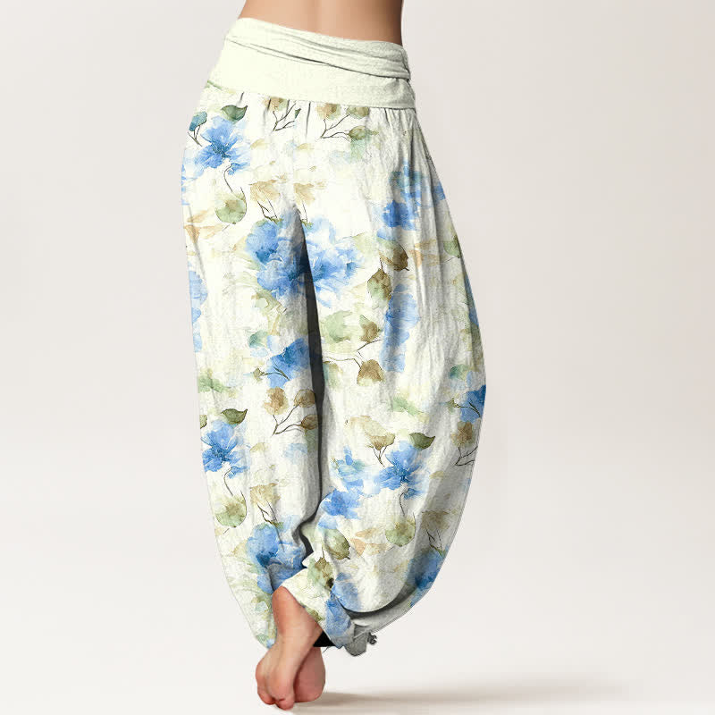 Nimara Ritual Cotton Watercolor Floral Leaf Pattern Women's Elastic Waist Harem Pants